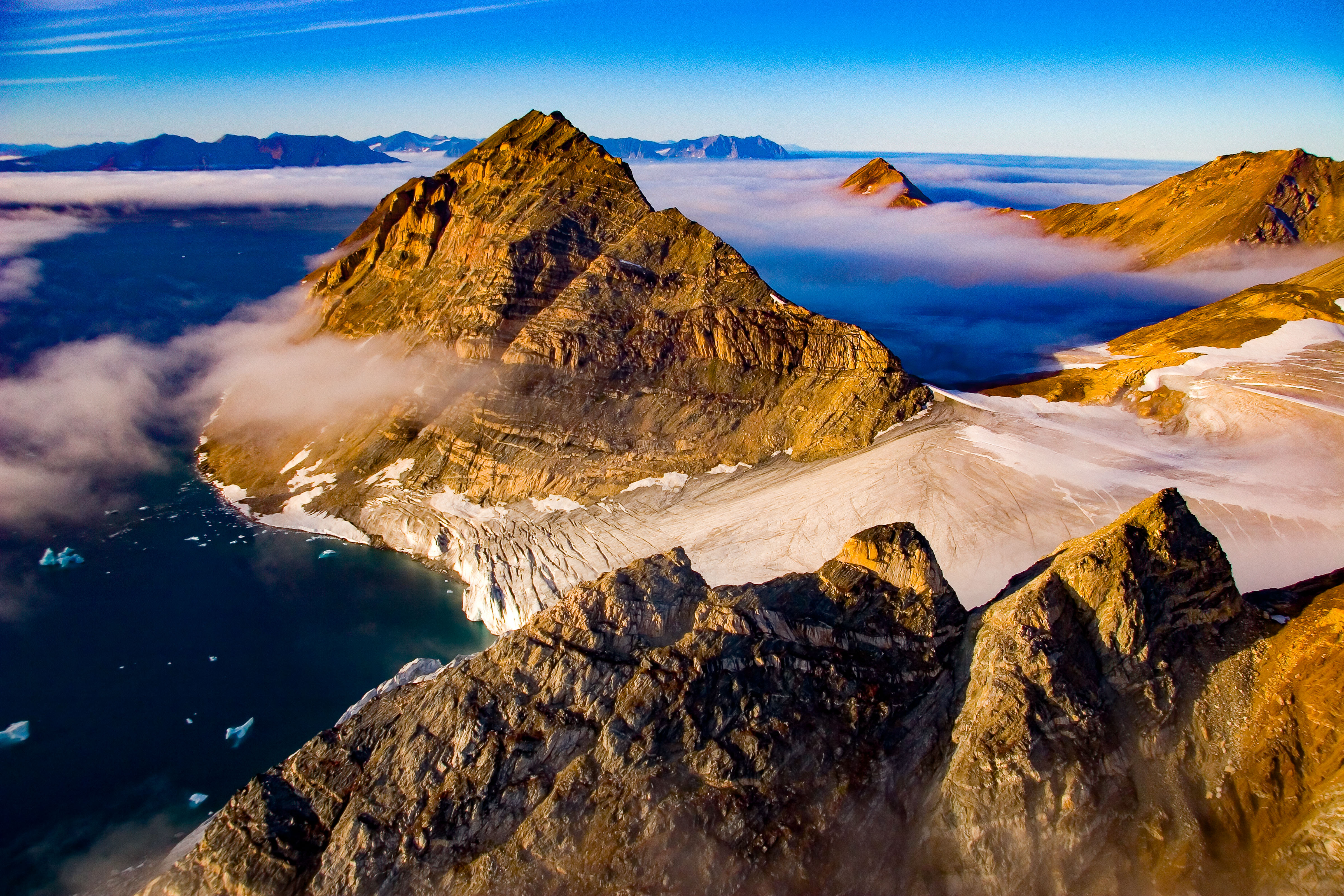 Greenland, Warming Island, off coast of Liverpool Land, Peak of SW Finger, Broken Glacier and New Strait, 2006