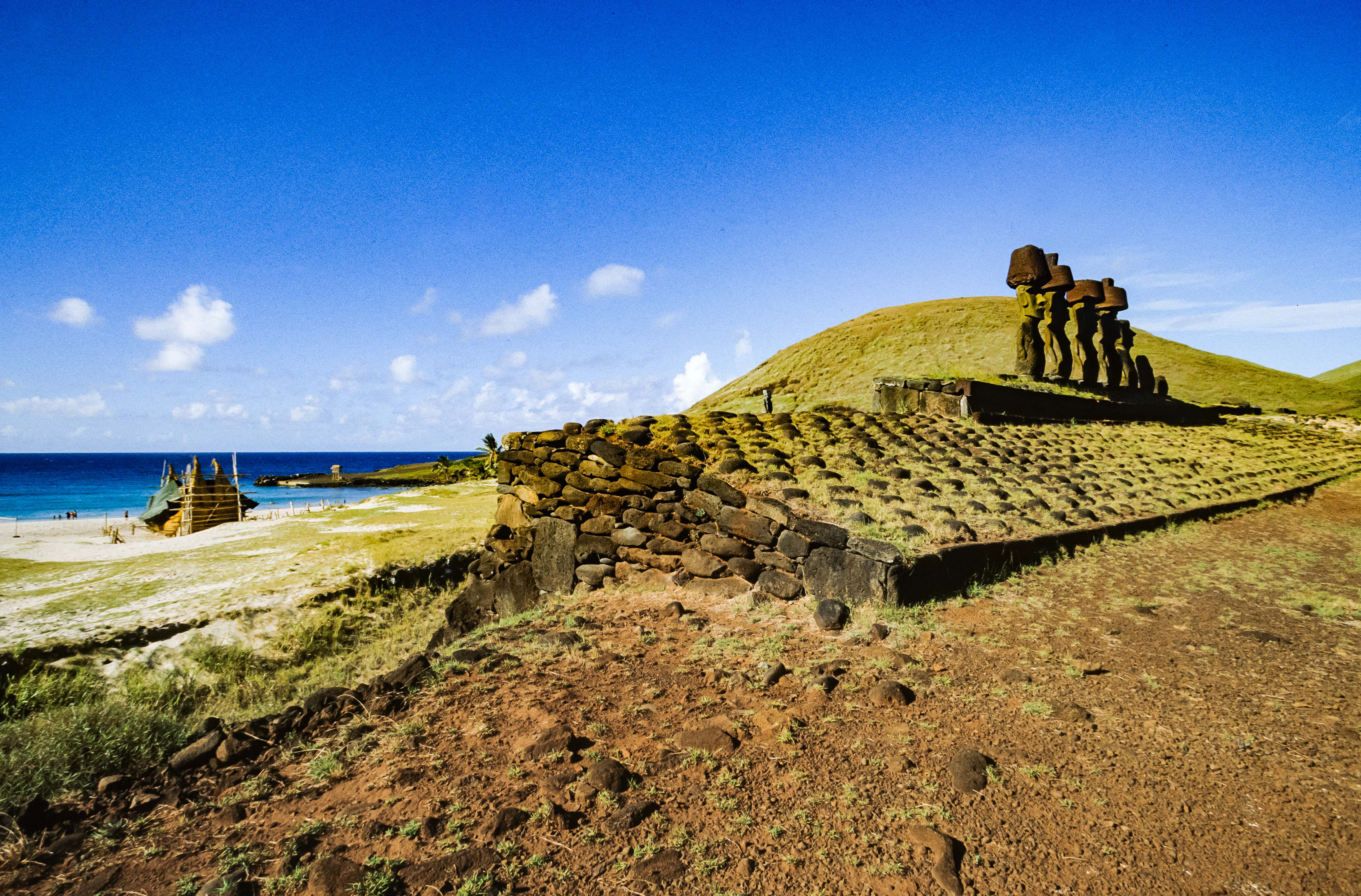 Easter Island, Reed Ship and Moai at Anakena Beach, 1997
