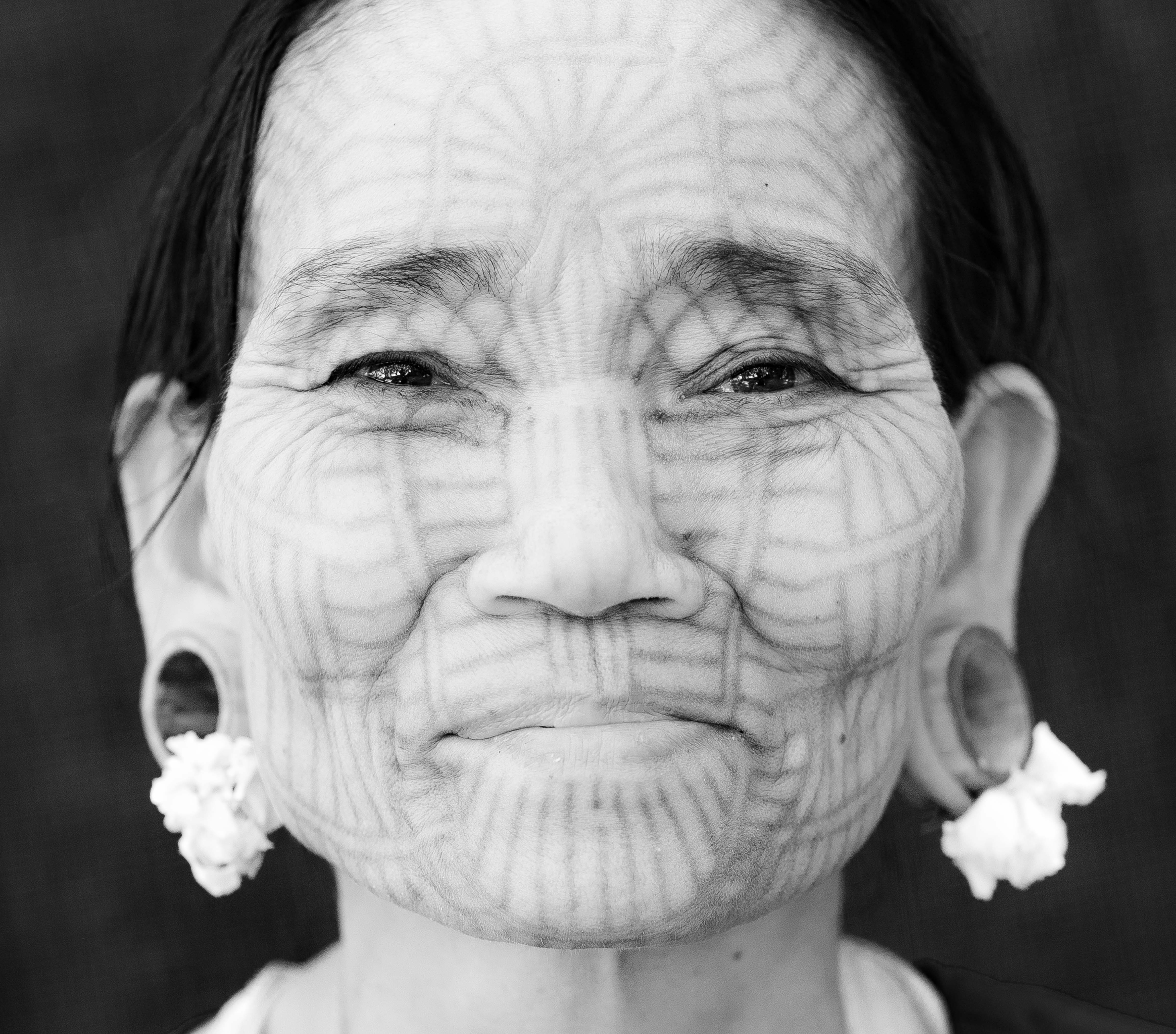 Myanmar, Rakhine State, Tattooed Chin Woman Named Tomate, 2012, IMG 3600CU3BWDS