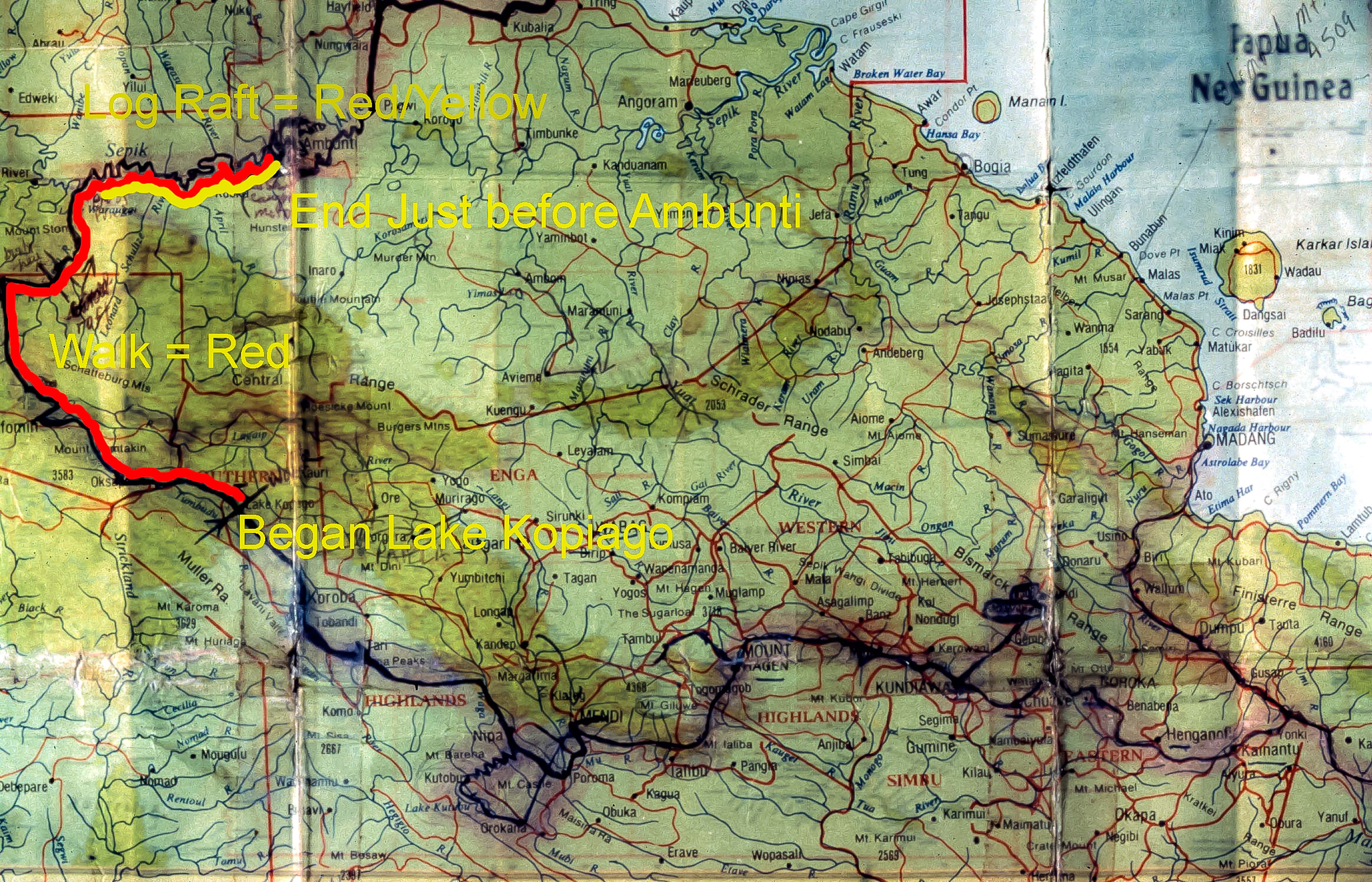 Papua New Guinea, Map of Trek, 1983